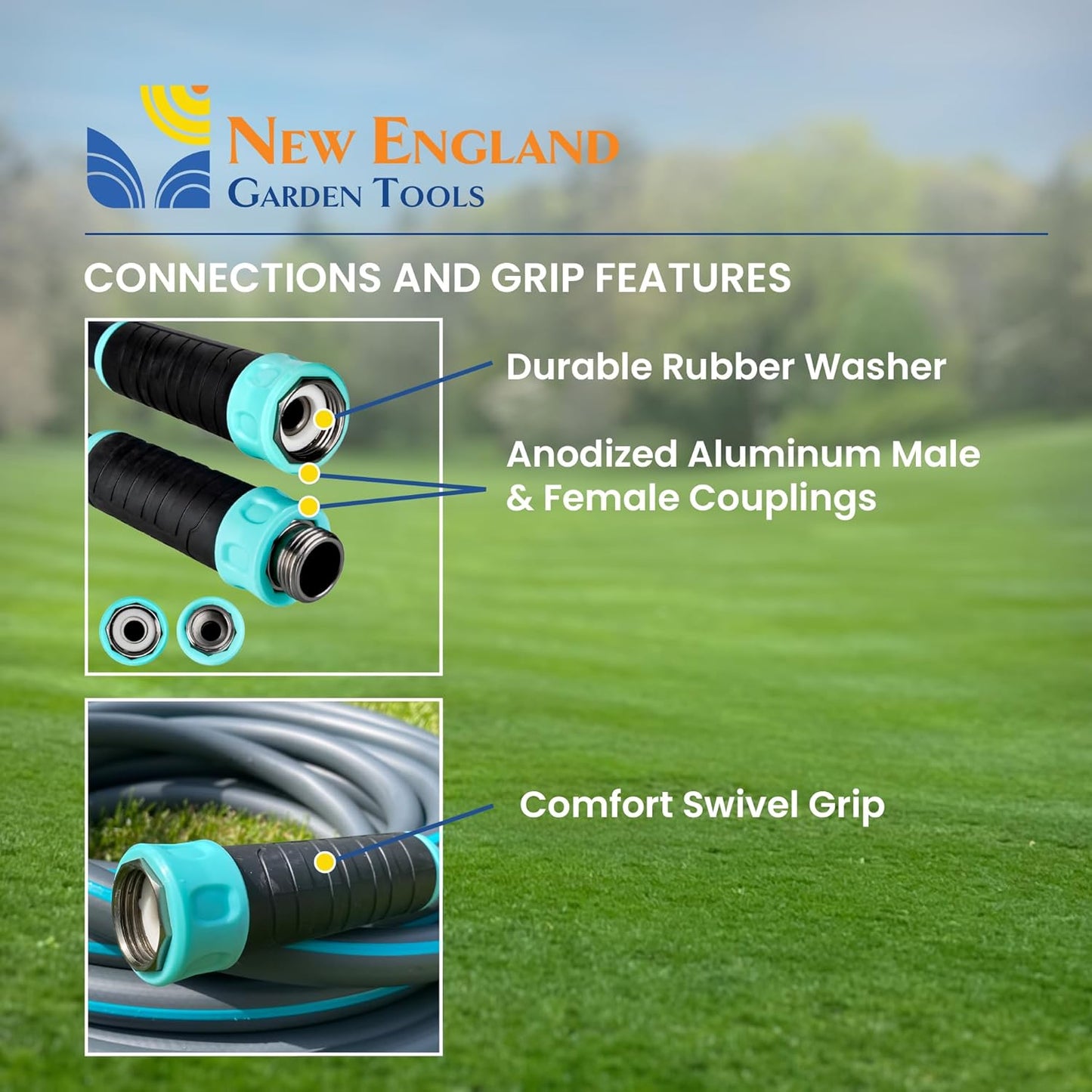 Hybrid Garden Water Hose 50 ft x 5/8”, Durable Heavy Duty Material, Kink-Free with Swivel Grips and Anodized Couplings, 700005 by New England Garden Tools