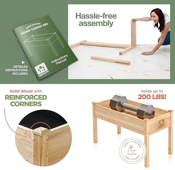 Raised Garden Bed with Legs 48x24x30 - Natural Cedar Wood Elevated Planter Box with Bed Liner for Flowers, Veggies, Herbs - 200lb Capacity