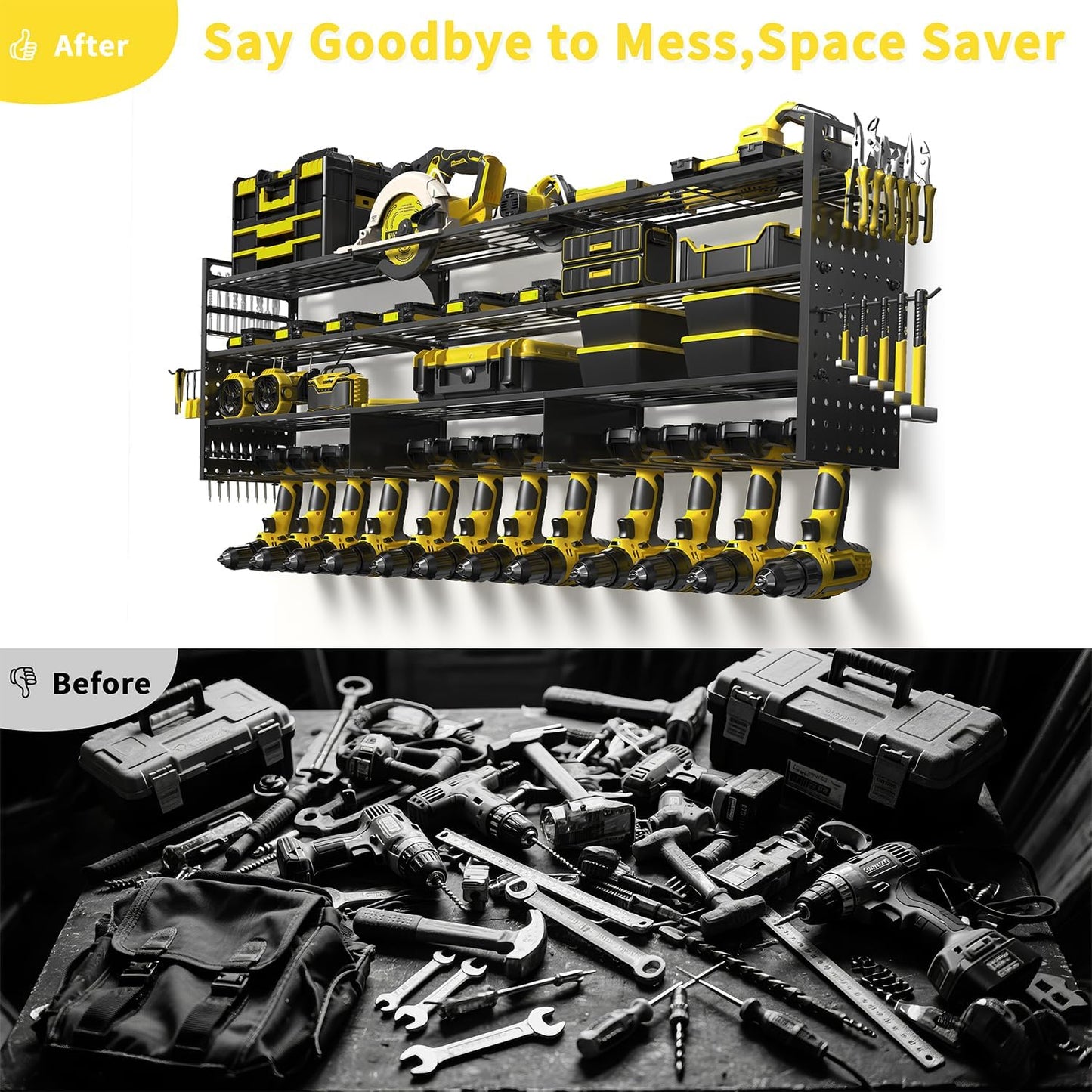 Power Tool Organizer Wall Mount, 49" Heavy Duty 4-Tier Garage Storage Shelf with 12 Drills Holder, Pegboard Side Panels,4 Long Hooks, Large Tool Battery Holder Metal Tool Shelf Rack