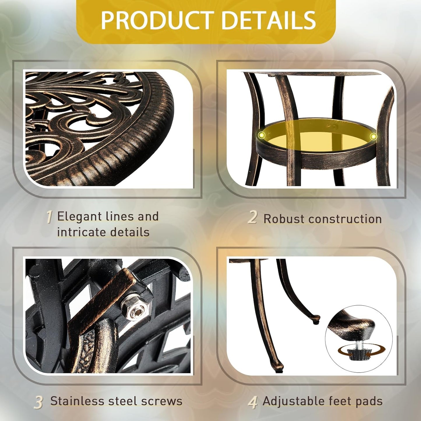 Outvita Patio Side Table, 23.6in Outdoor Round Cast Aluminum Bistro Table with Umbrella Hole and Antique Design for Backyard Porch Pool Balcony Deck Bronze