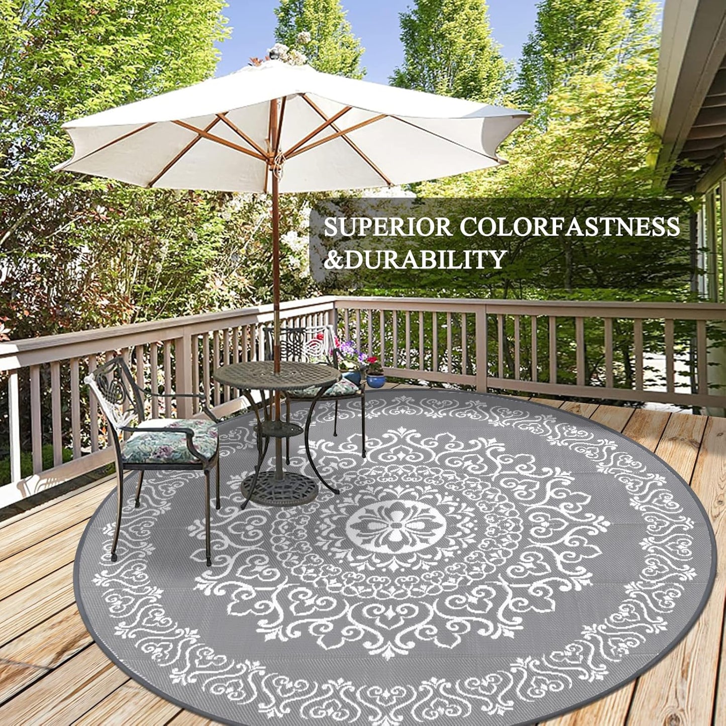 Pauwer Waterproof Outdoor Rug 8ft, Reversible Plastic Straw Patio Camping Rug, Indoor Outdoor RV Mat Carpet for Deck, Camper, Porch, Balcony, Backyard, Picnic, Floral Grey