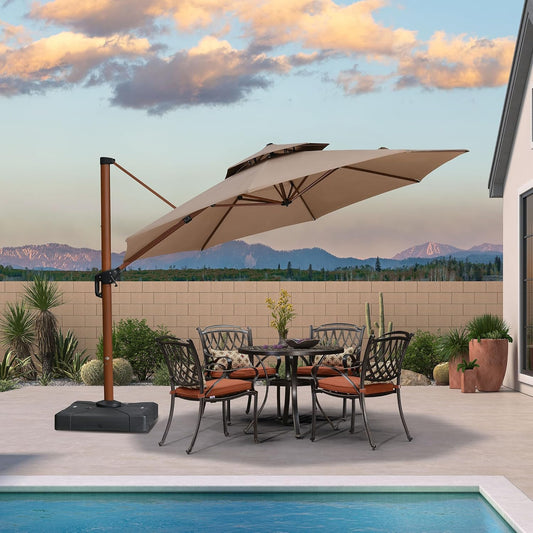 PURPLE LEAF 13ft Patio Umbrella Cantilever Umbrellas Outdoor Round Wood Umbrella Offset Umbrellas Heavy Duty Sun for Garden Deck Pool, Deep Beige
