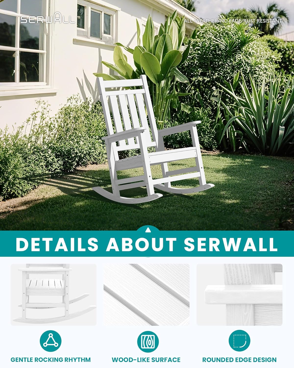 SERWALL Oversized Rocking Chair, Outdoor Rocking Chair for Adults, All Weather Resistant Porch Rocker for Lawn Garden, White