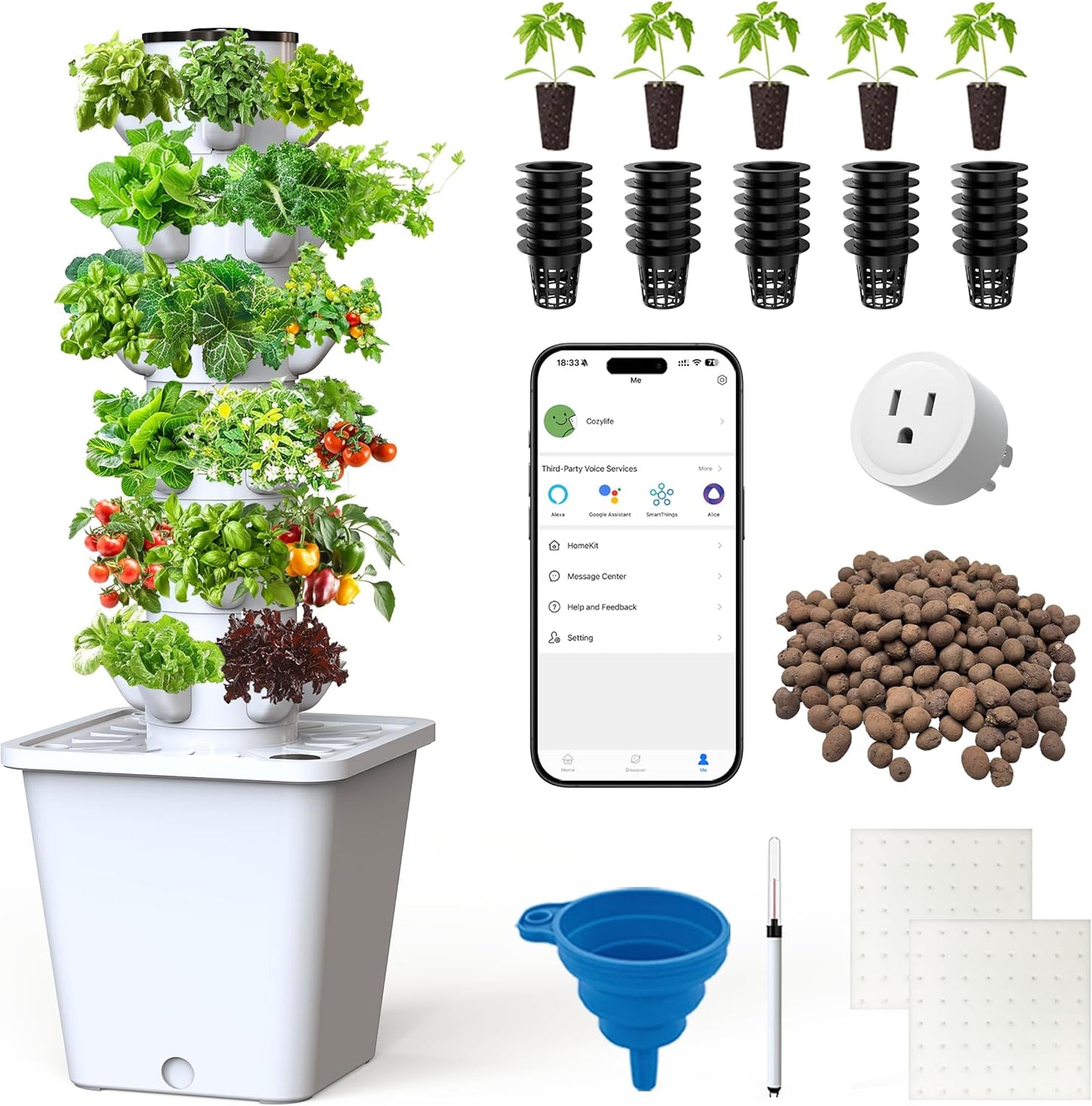 Vertical Hydroponics Growing System Kit, Indoor Outdoor Gardening System Kits, Herb & Fruits Growing Tower, 6 Layer 30 Pods