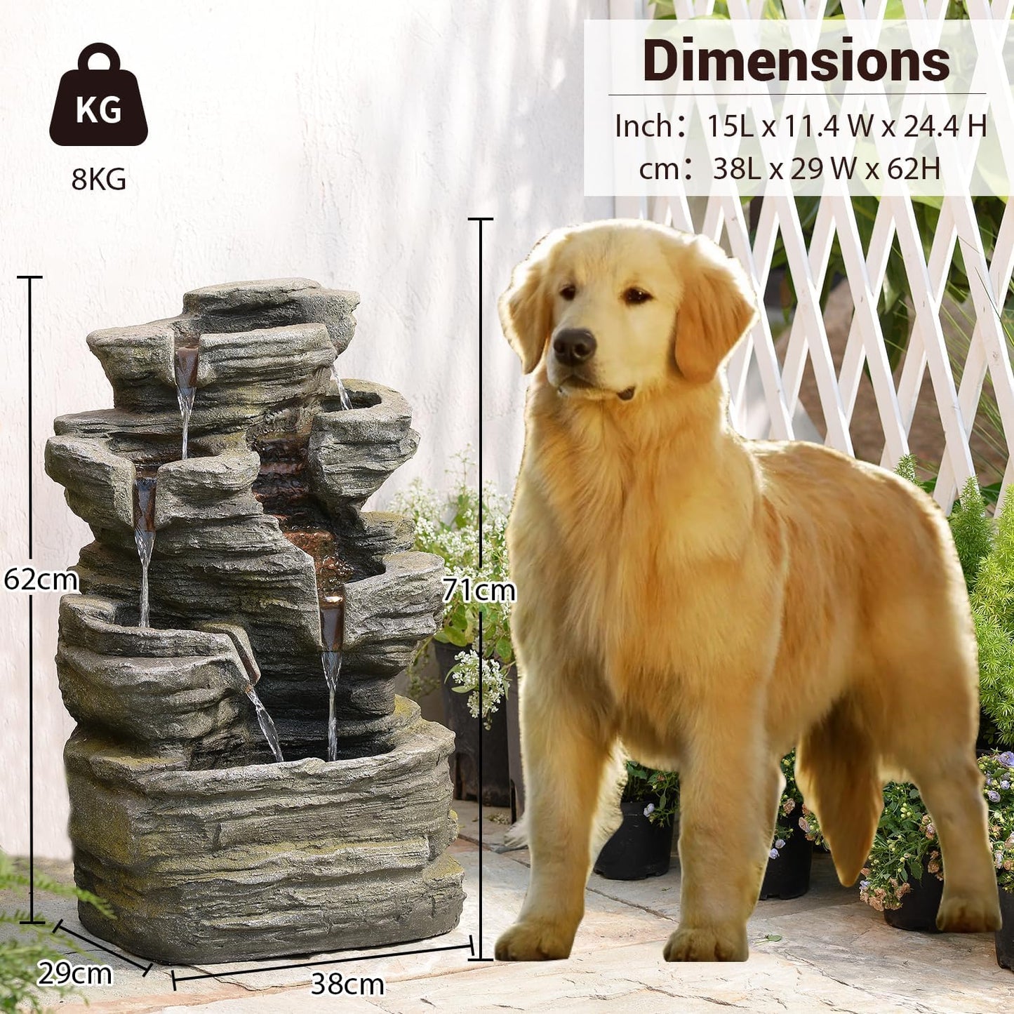 6-Tier Cascading Rock Water Fountain Outdoor Garden Waterfall Decor for Garden, Patio, Backyard, Deck, Porch and Home Art Decor,24.4" H Outdoor Fountain with Lights