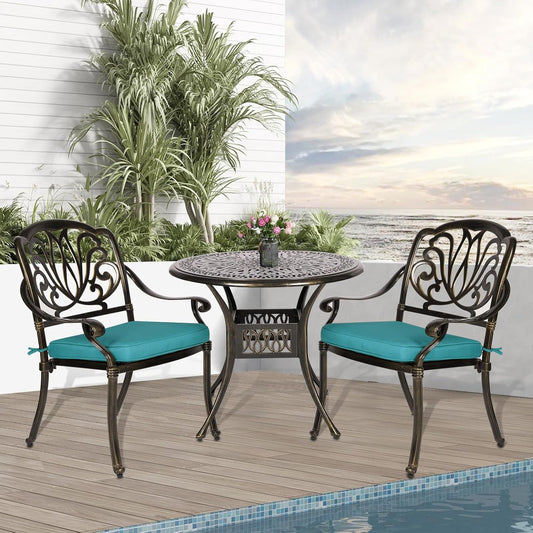 3-Piece Outdoor Patio Dining Set, All-Weather Cast Aluminum Patio Furniture Set for Backyard Garden Deck with 2 Cushioned Chairs and 35.4” Round Table, 2" Umbrella Hole, Ocean Blue