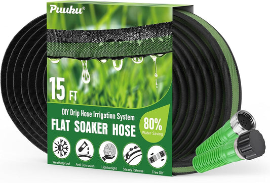 Flat Soaker Hose 15FT for Garden and Lawns, 80% Water-Saving Drip Irrigation Hose with Anodized Aluminum Ends, Flexible Leakproof Double Layer Gardening Hoses ﻿