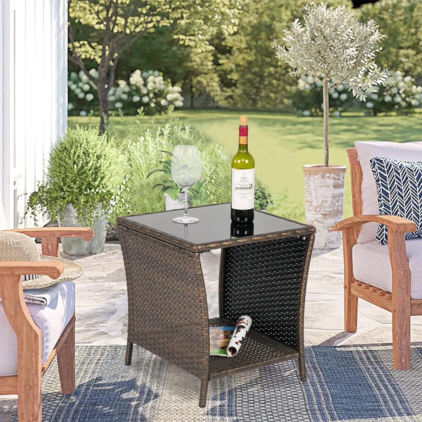 Outdoor Small Patio Table - PE Rattan Coffee Table, Wicker Side Table for Patio, Balcony & Porch, Durable & Iron Frame (1, Dark Blonde)