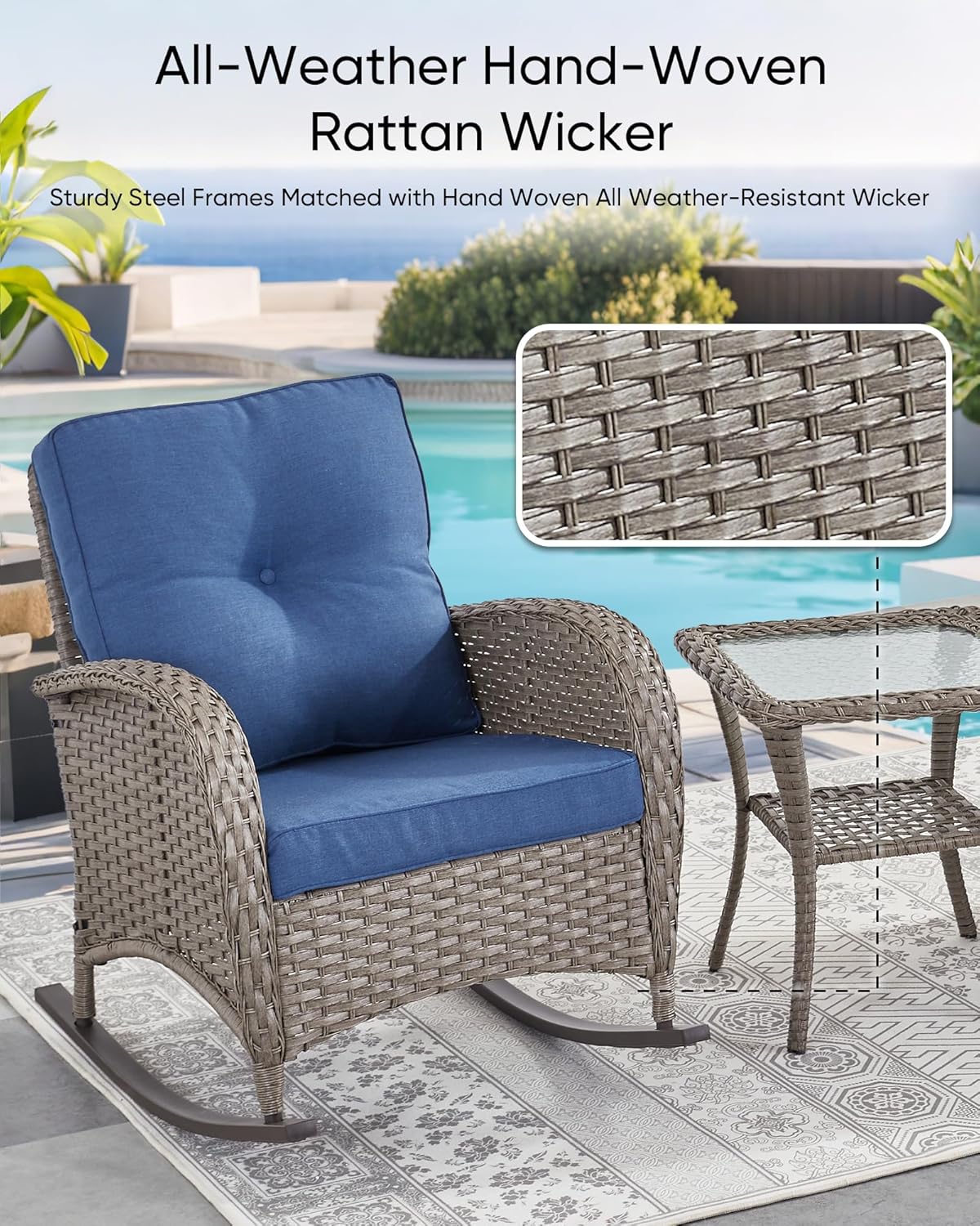 HUMMUH Outdoor Bistro Set-High Back Outdoor Rocking Chair with Side Table Patio Table and Chairs Set for Deck Lawn Porch Balcony Poolside-Grey/Blue