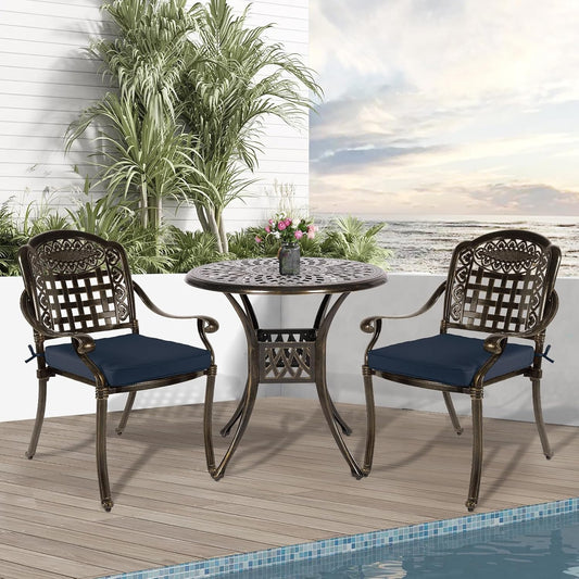 3-Piece Outdoor Patio Dining Set, All-Weather Cast Aluminum Patio Furniture Set for Backyard Garden Deck with 2 Cushioned Chairs and 31” Round Table, 2" Umbrella Hole, Navy Blue