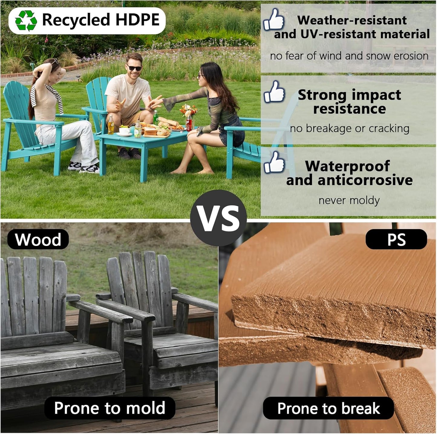 Stackable Adirondack Chair, HDPE Outdoor Patio Chair - Durable and Space Saving, Suitable for Porches, Lawns or Garden, Aruba