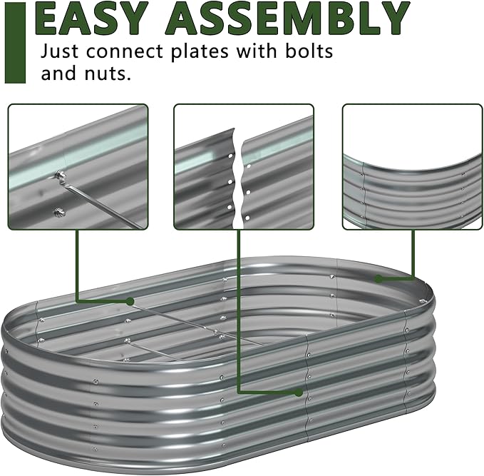 zizin Galvanized Raised Garden Bed Metal Oval Raised Garden Beds Outdoor Planter Box for Vegetables (6x3x1.3FT, Silver)