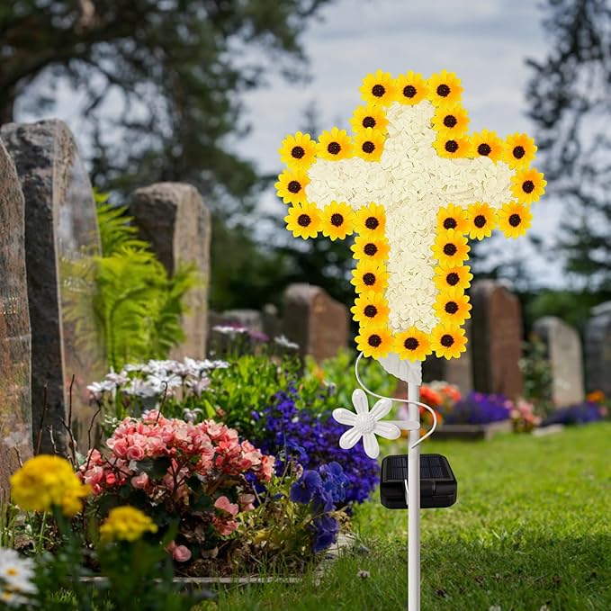 YJFWAL Solar Daisy Cross Garden Stake Lights, Yard Solar Lights Cemetery Decorations for Grave Outdoor Light Jesus Cross Sympathy Memorial Gifts for Grandmother, for Garden Yard Lawn Patio Pathway