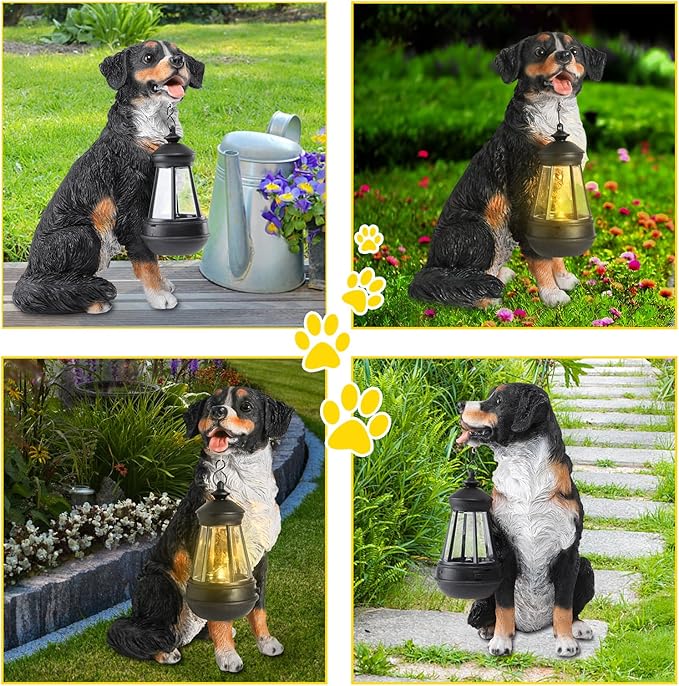 Afirst Dog Garden Statue - Outdoor Decor with Solar Lantern Lovely Bernese Mountain Dog Figurine Patio Lawn Yard Art Ornaments Housewarming Gift