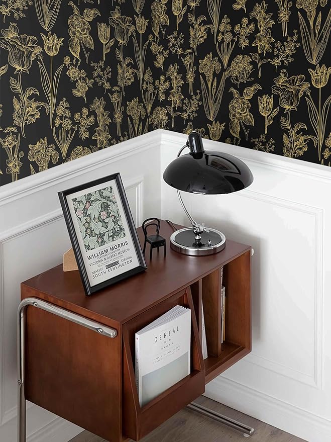 Dimoon 236"x17.3" Floral Wallpaper Peel and Stick Flowers Golden Black Contact Paper Thicken Waterproof Modern Self Adhesive Plants Wallpaper Removable Wall Paper Shelf Vinyl Roll