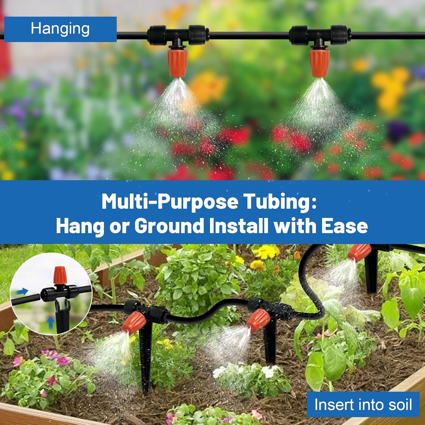 Mist Drip Irrigation System for Garden Watering 60FT, 1/2" & 1/4" Quick-Connect Micro Misting kit for Greenhouse, Plant, Lawn, Raised Bed, Vegetable, Flower. Hanging or Inground Misters Sprinkler