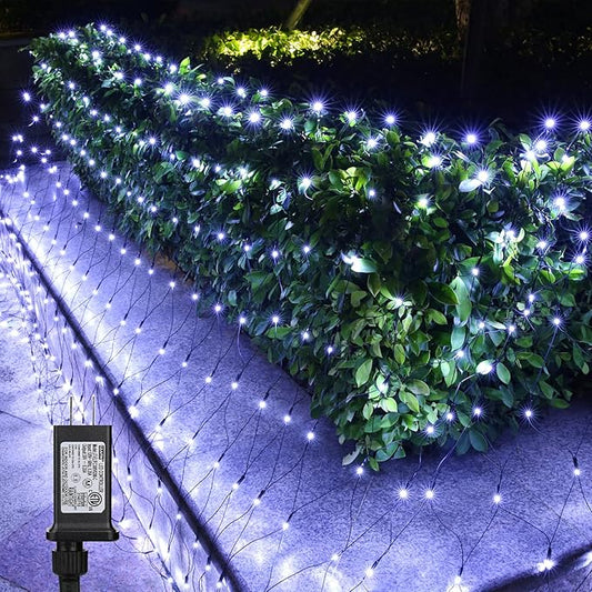 LYHOPE 12ft x 5ft 360 LED Christmas Net Lights, 8 Modes Low Voltage Green Wire Mesh Christmas Decorations Lights for Xmas Trees, Bushes, Wedding, Garden, Outdoor, Indoor Decor (Clear White)