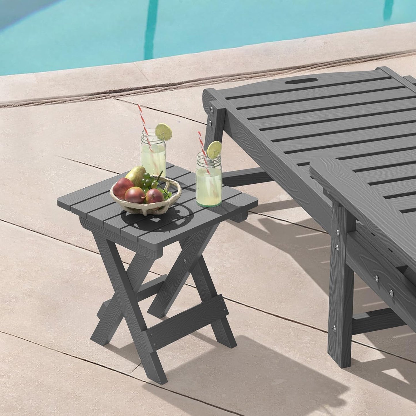 LUE BONA Small Outdoor Folding Side Table, HDPS Outside End Table for Patio, Porch, Deck, Pool, 14 Inch Height, Netural Grey