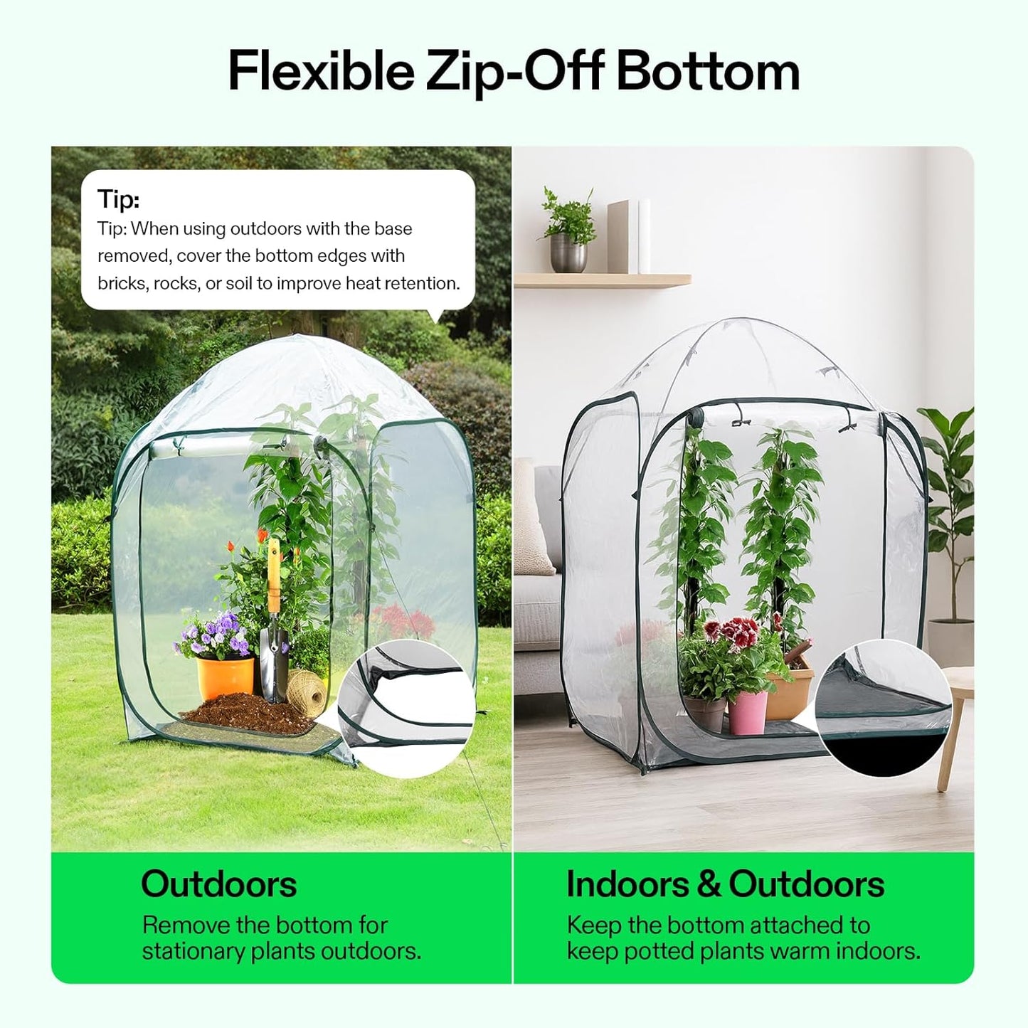 VIVOSUN 39x39x63-Inch Portable Walk-in Greenhouse, with PVC Cover & Detachable Base, Instant Pop-up and Folding, Mini Greenhouse with Roll-Up Door & Mesh Window for Indoor Outdoor, Wind Ropes Included