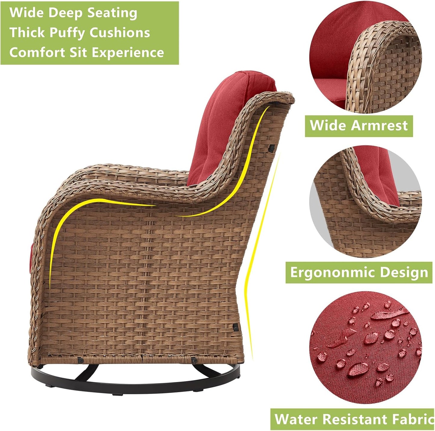 Outdoor Patio Swivel Rocker Chairs - 3 Piece Patio Bistro Set,Wicker Patio Furniture Set with 2 Swivel Rocking Chairs and 1 Glass Top Side Table for Deck Porch Garden,Yellow/Red