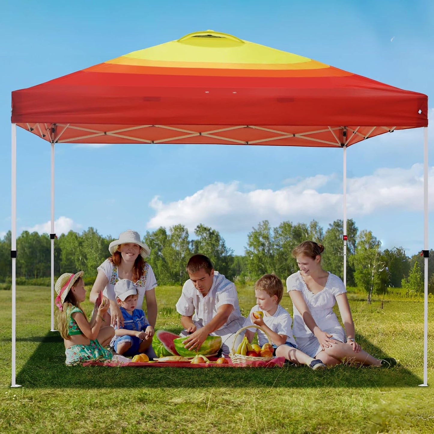 EAGLE PEAK Pop Up Canopy Tent with Wheeled Carry Bag, 8 Stakes, 4 Ropes, 4 Weight Bags, Easy Set Up Tent Canopy, 10x10 ft, 100sqft of Shade, Sunset Stripe