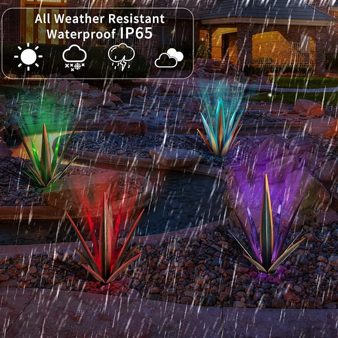 Large Tequila Rustic Sculpture, Rustic Metal Agave Plants for Outdoor Patio Yard, Home Decor Hand Painted Metal Agave Garden Yard Statue, Outdoor Lawn Ornaments (Blue - L (W/Solar Light))