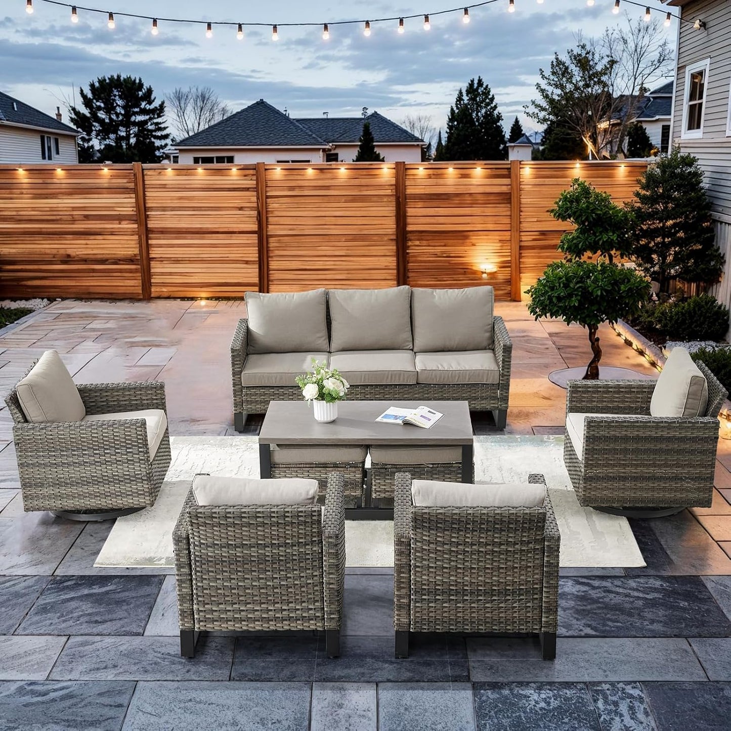 HUMMUH 8 Piece Patio Furniture Set All Weather Wicker Outdoor Sectional Sofa with Patio Chairs,Patio Swivel Glider Chairs Ottomans Coffee Table for Porch,Garden,Backyard