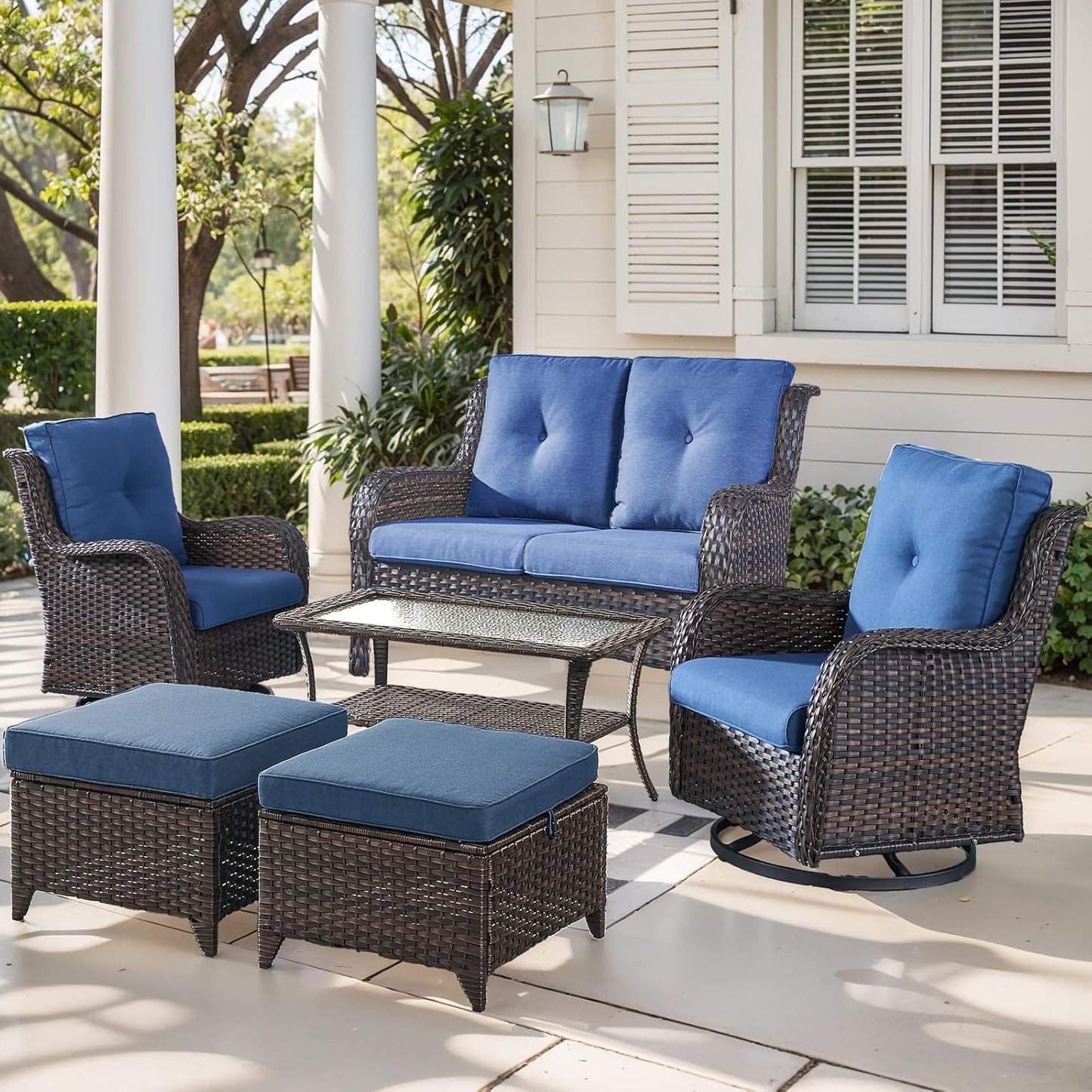 Outdoor Wicker Patio Furniture Set - 6 Piece Rattan Patio Conversation Set with 2 Rocking Swivel Chairs,2 Ottomans,1 Loveseat and 1 Coffee Table for Porch Deck Backyard Garden(Brown/Blue)