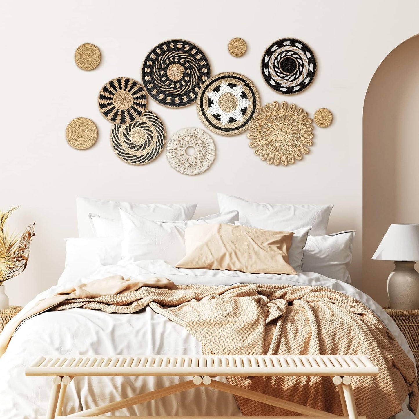 Tatuo 11 Pcs Boho Wall Basket Decor Decorative Bulrush Woven Basket Wall Decor Art Round Farmhouse Hanging Baskets for Kitchen Rustic Home Summer Decorations, Multi Sizes(Boho)