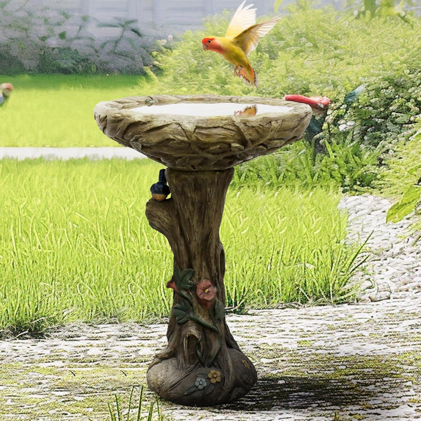 SKYFIRE 25.5” H Concrete Birdbaths for Outdoors -Large Woodland Tree Trunk Yard Statue Decoration，Vintage Birdbath with Bird Figurines Yard Statue for Garden, Patio, Lawn, Backyard
