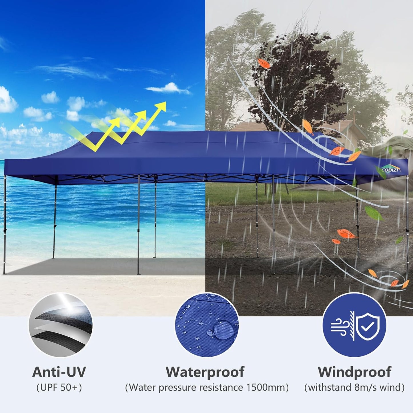 COBIZI 10x30 Pop up Canopy, Heavy Duty Outdoor Party Tents for Parties, Ez up UPF 50+ Waterproof Commercial Canopy with Wheeled Bag can fold, Dark Blue