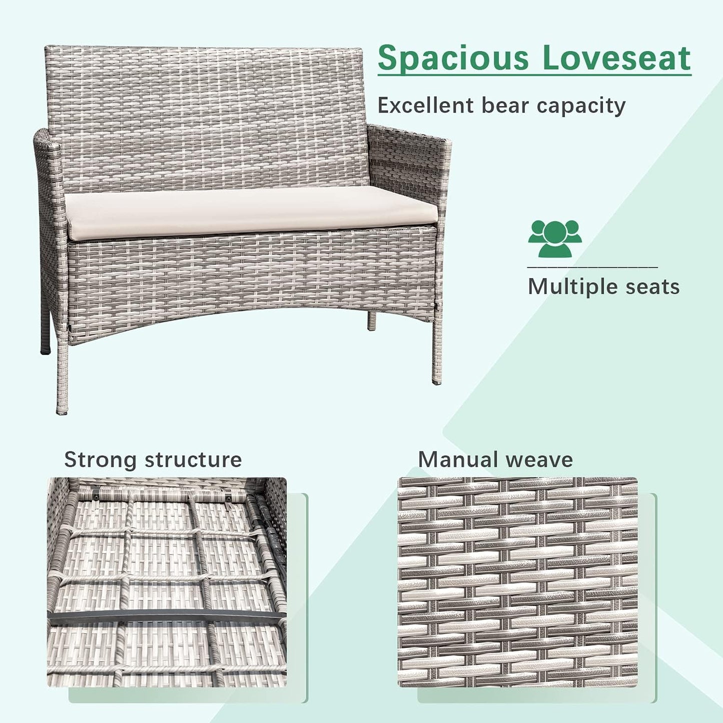 Greesum Patio Furniture 4 Pieces Conversation Sets Outdoor Wickerr Rattan Chairs Garden Backyard Balcony Porch Poolside loveseat with Soft Cushion and Glass Table, Gray and Beige