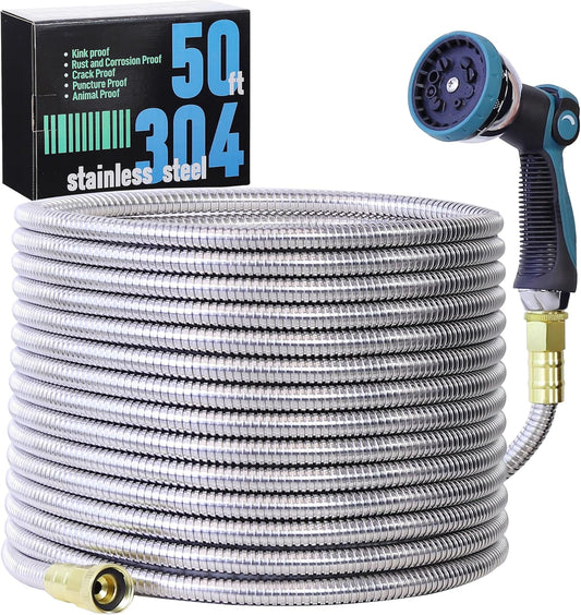 50FT 5/8'' Garden Hose, 304 Stainless Steel Water Hose, Flexible with a 10-Mode Nozzle Sprayer, No Kink, Lightweight, Puncture Proof Metal Hose, Ideal for Yard, Lawn, Outdoor