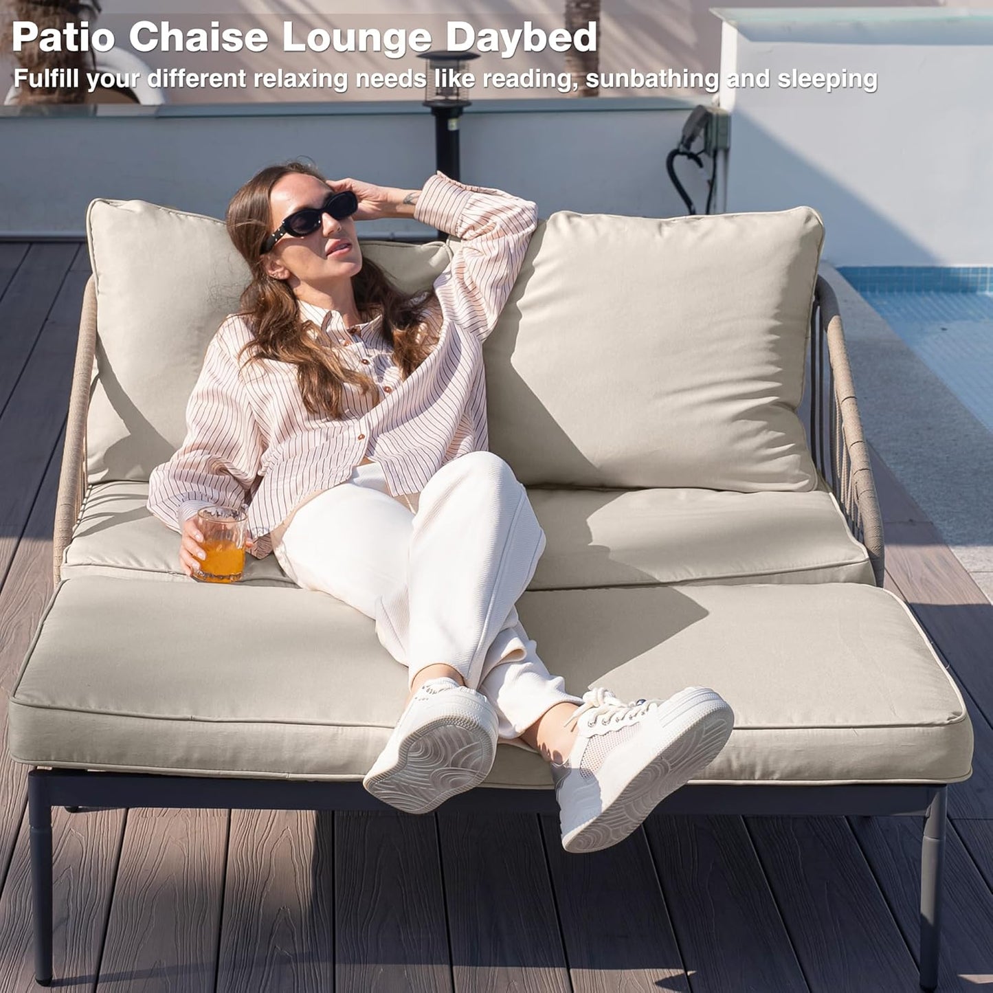 Patio Adjustable Daybed, 2-Person Outdoor Daybed with Cushions and Pillows, Woven Rope Patio Loveseat Garden Adjustable Reclining Chaise Lounge for Lawn