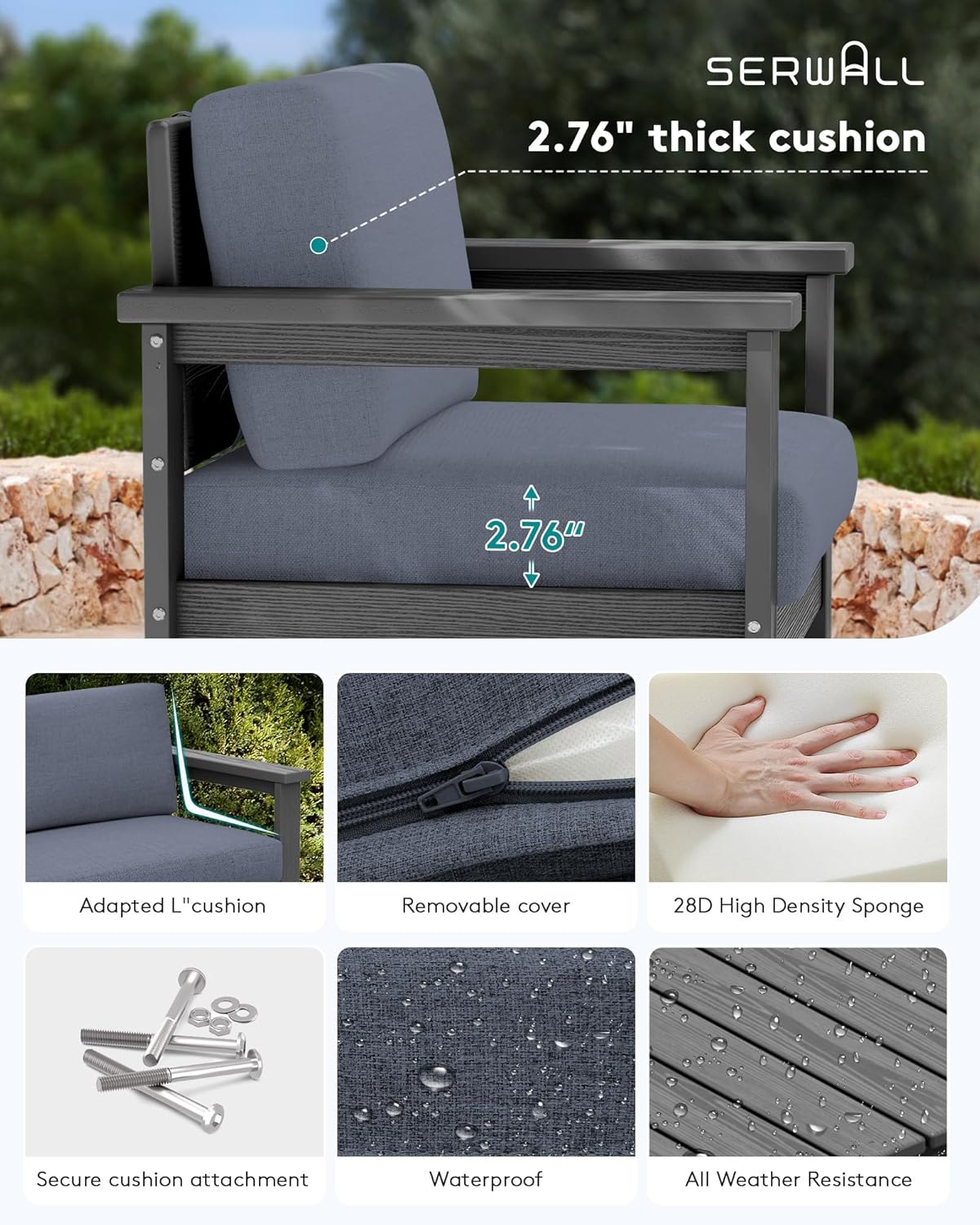 SERWALL 3 Pieces HDPE Outdoor Sofa Bistro Set with Cushions, Outdoor Furniture Sofa Sets with Coffee Table and Cushions, All Weather Conversation Social Set, Grey Frame and Grey Cushion