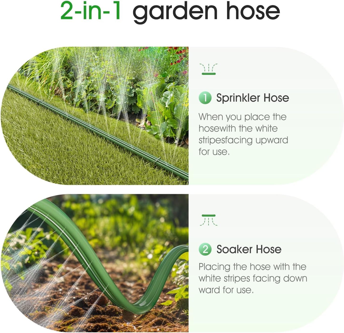 50 FT Sprinkler Soaker Hose for Garden Lawn, Durable Flat Water Hose with 10 Stakes, Water-Saving Irrigation Tubing with Multi-Directional Spray (Up to 8 FT Range)