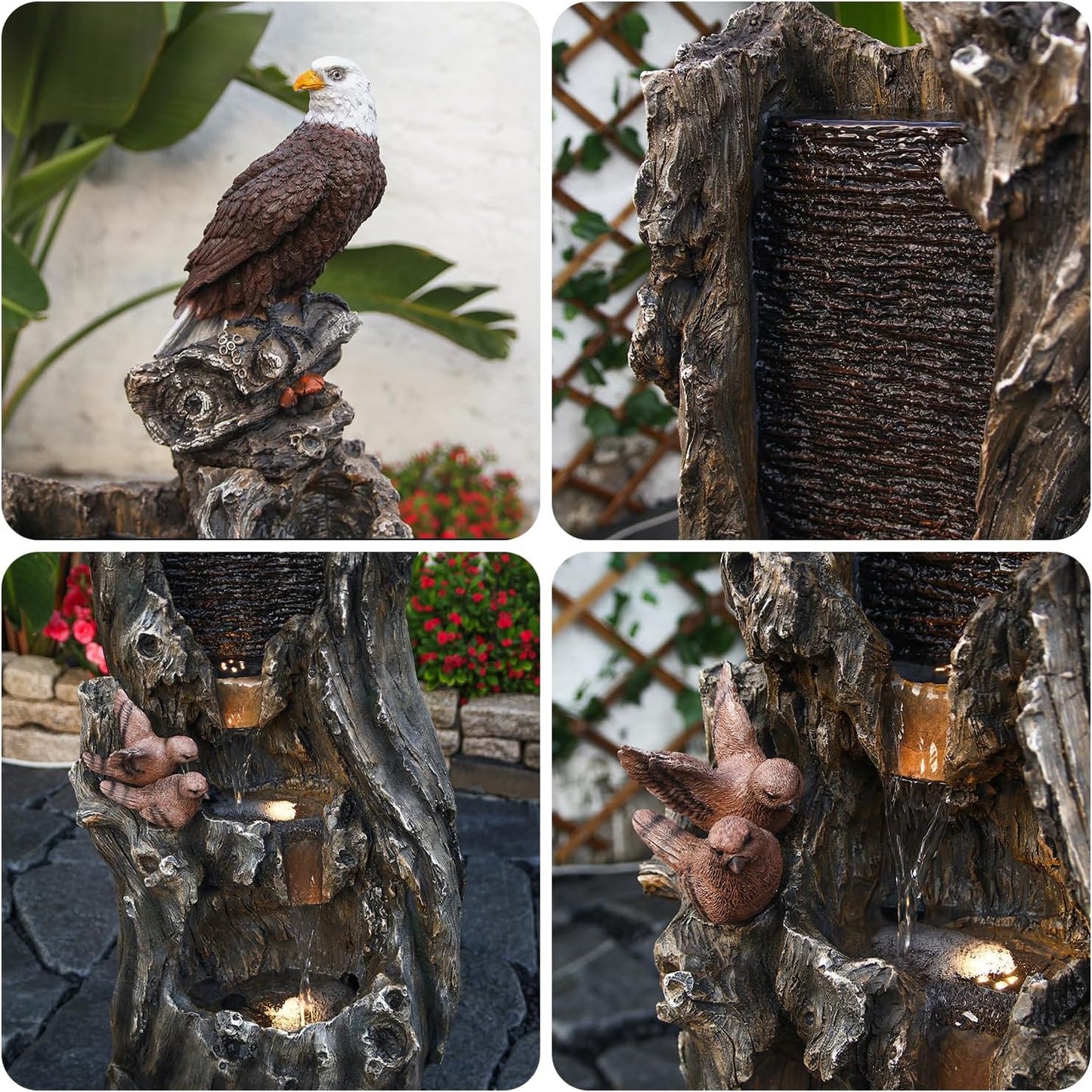 YZM 50.79" H Outdoor Rainforest Waterfall Tree Trunk Fountain with Bald Eagle Outdoor Cascading Water Feature for Garden Patio Backyard Landscape Décor 3-Tier Water Fountains