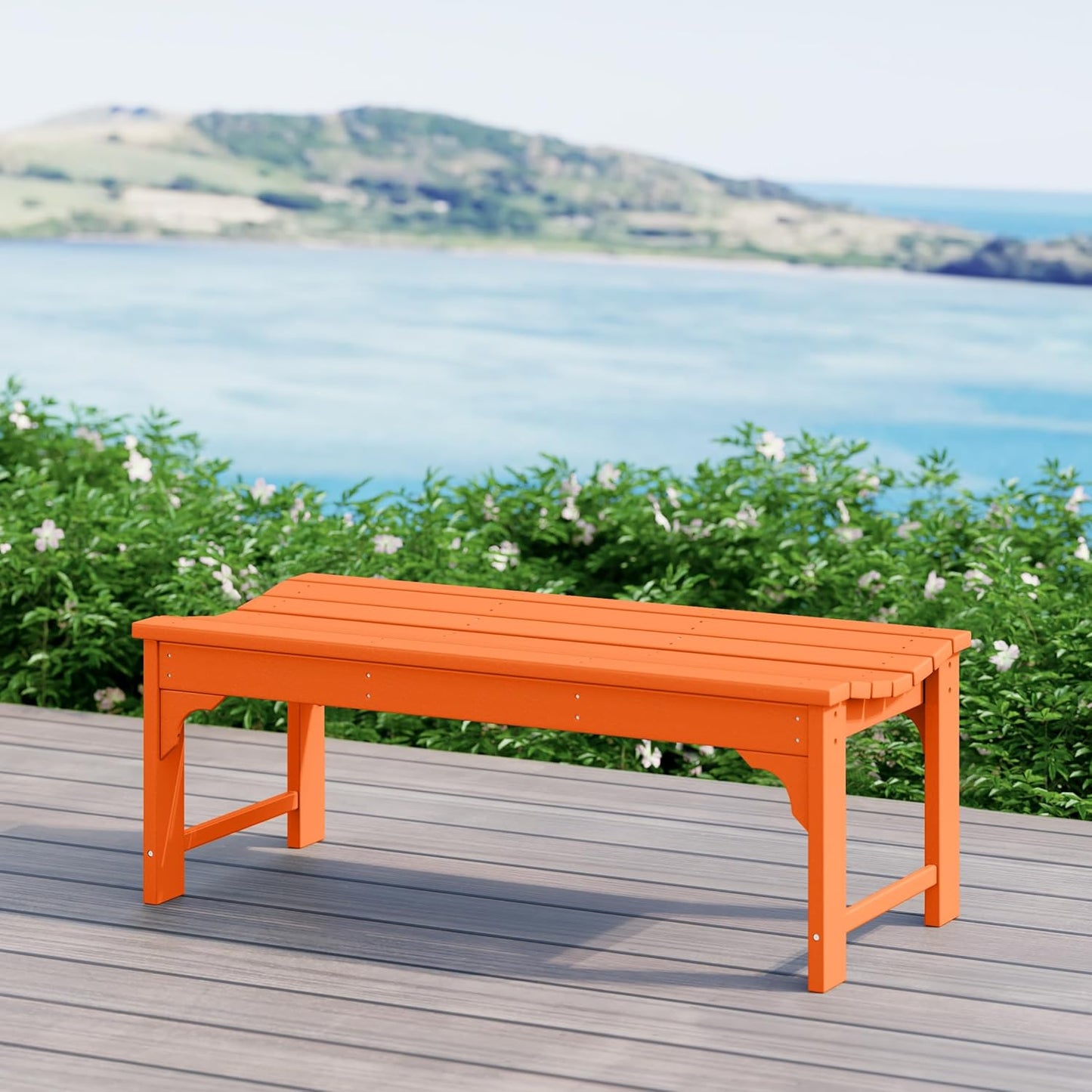 WestinTrends Malibu Outdoor Bench, All Weather Resistant Poly Lumber Backless Patio Garden Bench, Adirondack Curved Bench Seat for Comfort, Orange