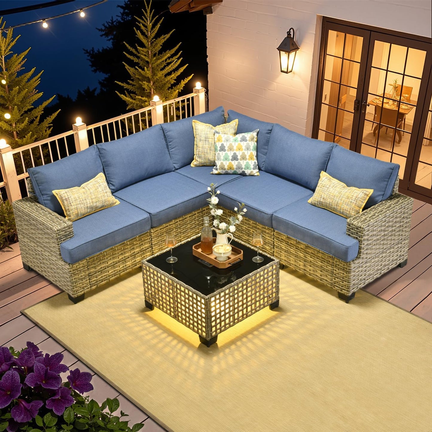 HOOOWOOO Outdoor Sectional Patio Furniture Set,6 Pieces Wicker Conversation Sets L Shaped Couch,Extra Deep Out Door Sofa Outside Furniture,Denim Blue