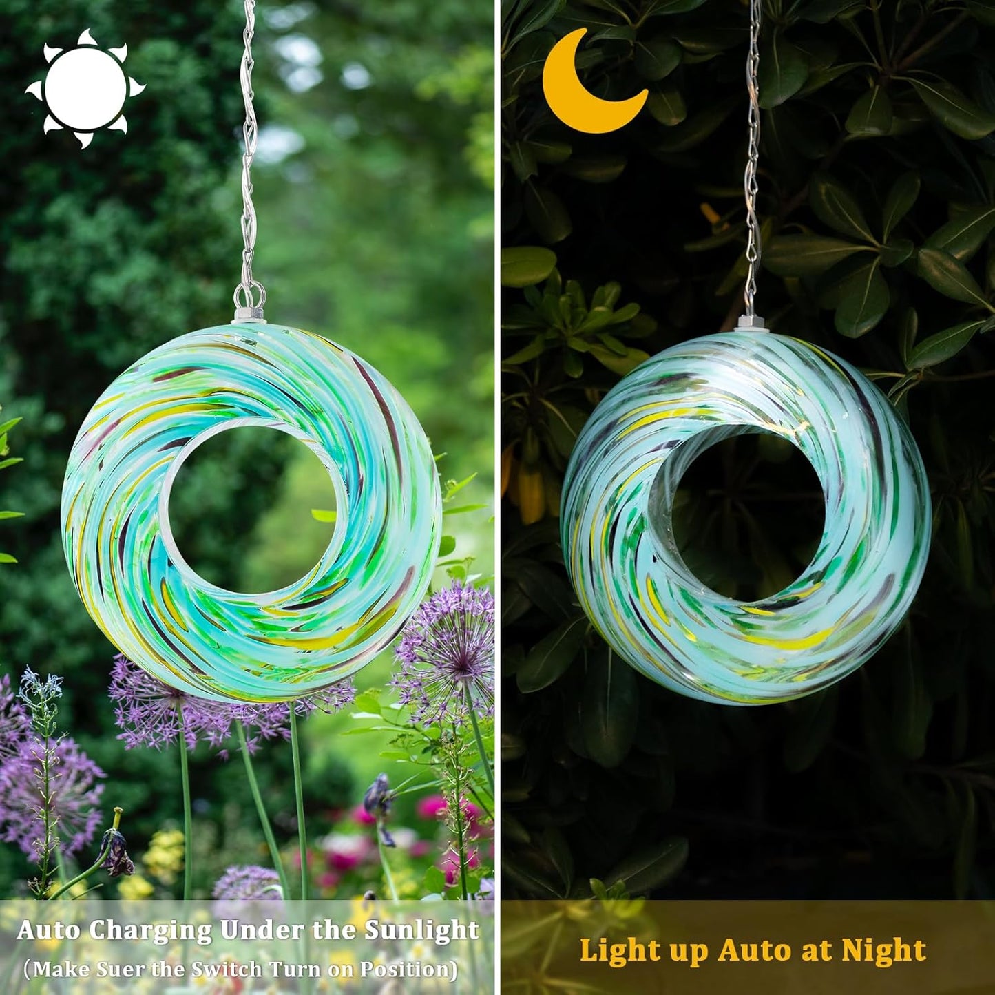 Yinns Glass Bird Feeders for Outside Hanging Fly Through Bird Feeder with Round Shape Solar Birdfeeder for Yard Garden Decor