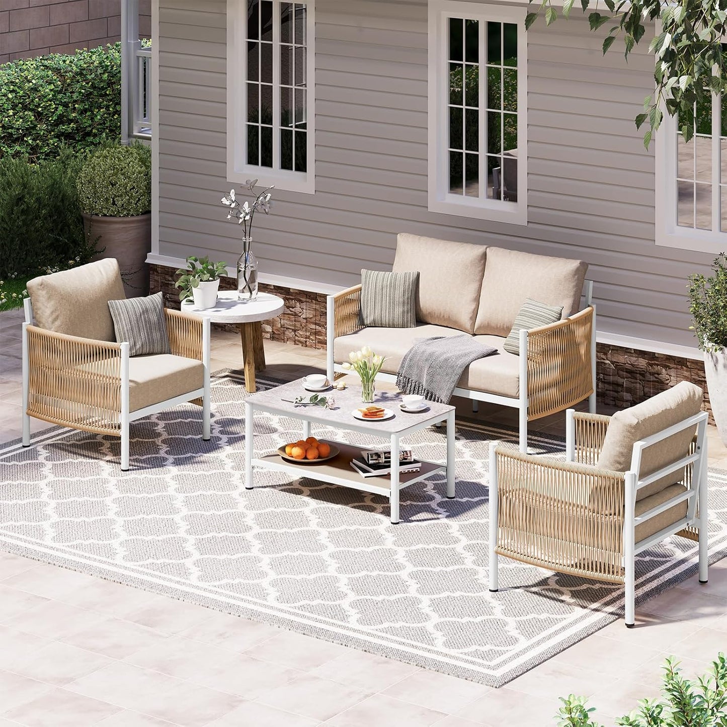 Aluminum Outdoor Patio Furniture Set, HDPE Rope 4 Piece Modern Sectional Conversation Sets with Dual-Layer Coffee Table, All Weather Patio Couch Sofa with Thick Cushions, White Frame, Ivory