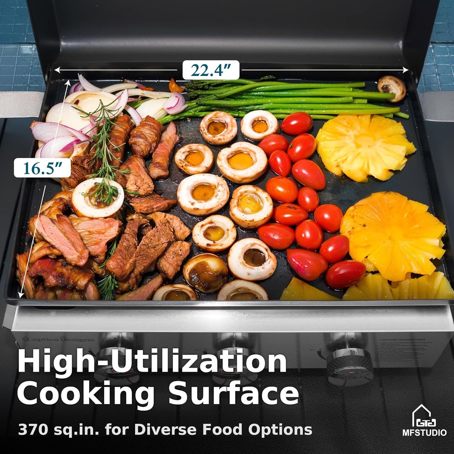 MFSTUDIO 22 Inch Flat Top Grill with Ceramic Coated Cast Iron Pan, 3 Burners Portable Tabletop Propane Gas Griddle Grill for Camping, Outdoor & Tailgating Barbecue, 24,000 BTU