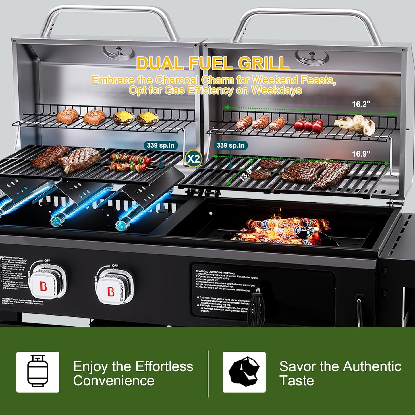 Brand-Man Propane Gas and Charcoal Grill Combo, Dual Fuel BBQ Combo Grill with Stainless Steel Dual Lids & 2 Side Shelves for Outdoor Kitchen & Backyard Barbecue Cooking