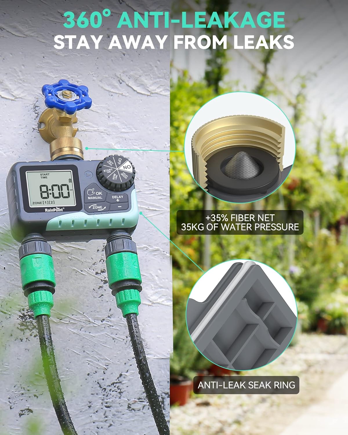 RAINPOINT 2 Zone Sprinkler Timer with Brass Swivel - 2pcs Water Timer for Garden Hose with Rain Delay/Manual Watering/Automatic Irrigation System - Programmable Faucet Timer for Yard Lawn