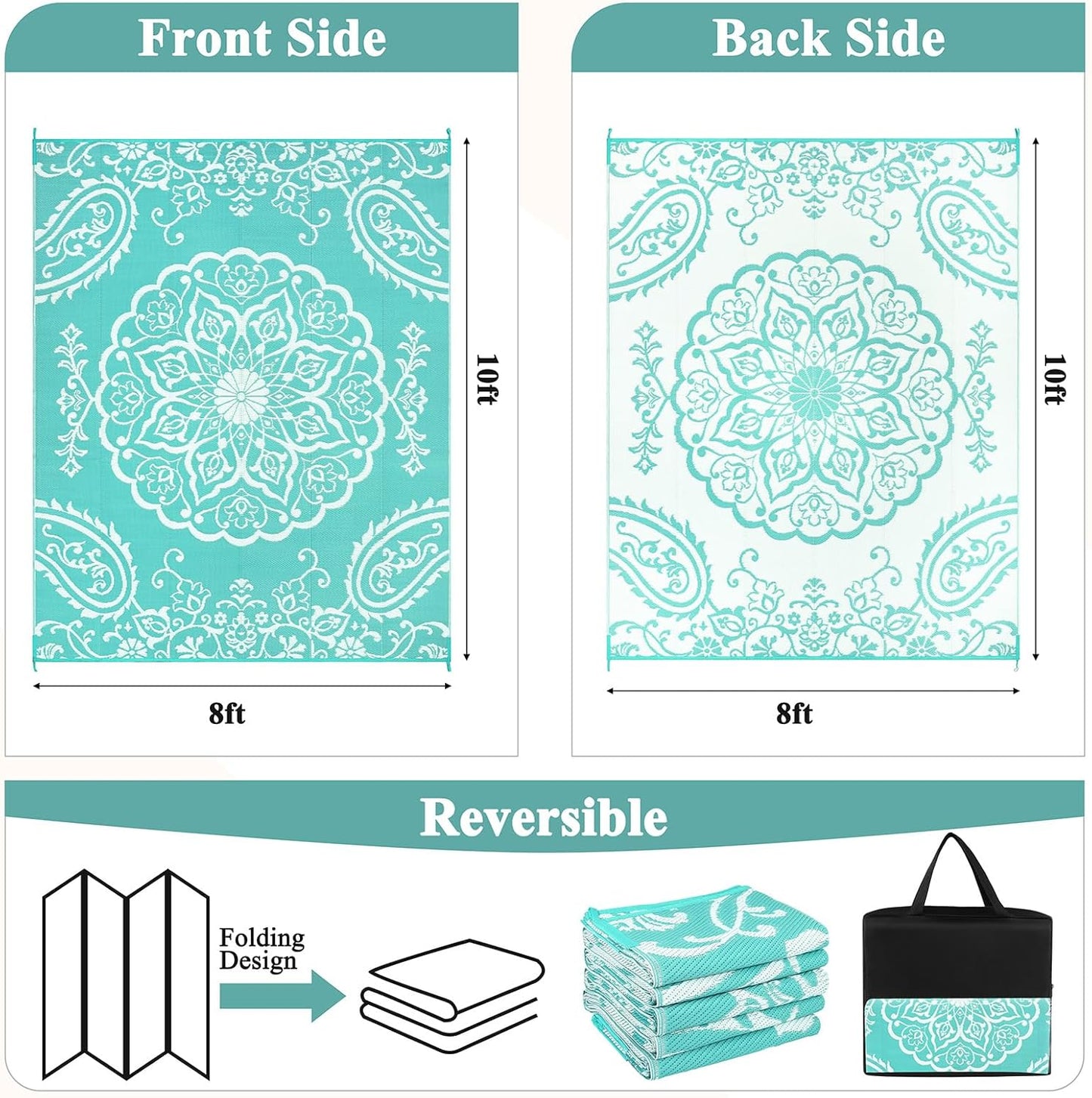 Pauwer Waterproof Outdoor Rug 8x10, Reversible Plastic Straw Patio Camping Rug, Indoor Outdoor RV Mat Carpet for Deck, Camper, Porch, Balcony, Backyard, Picnic, Boho Light Blue