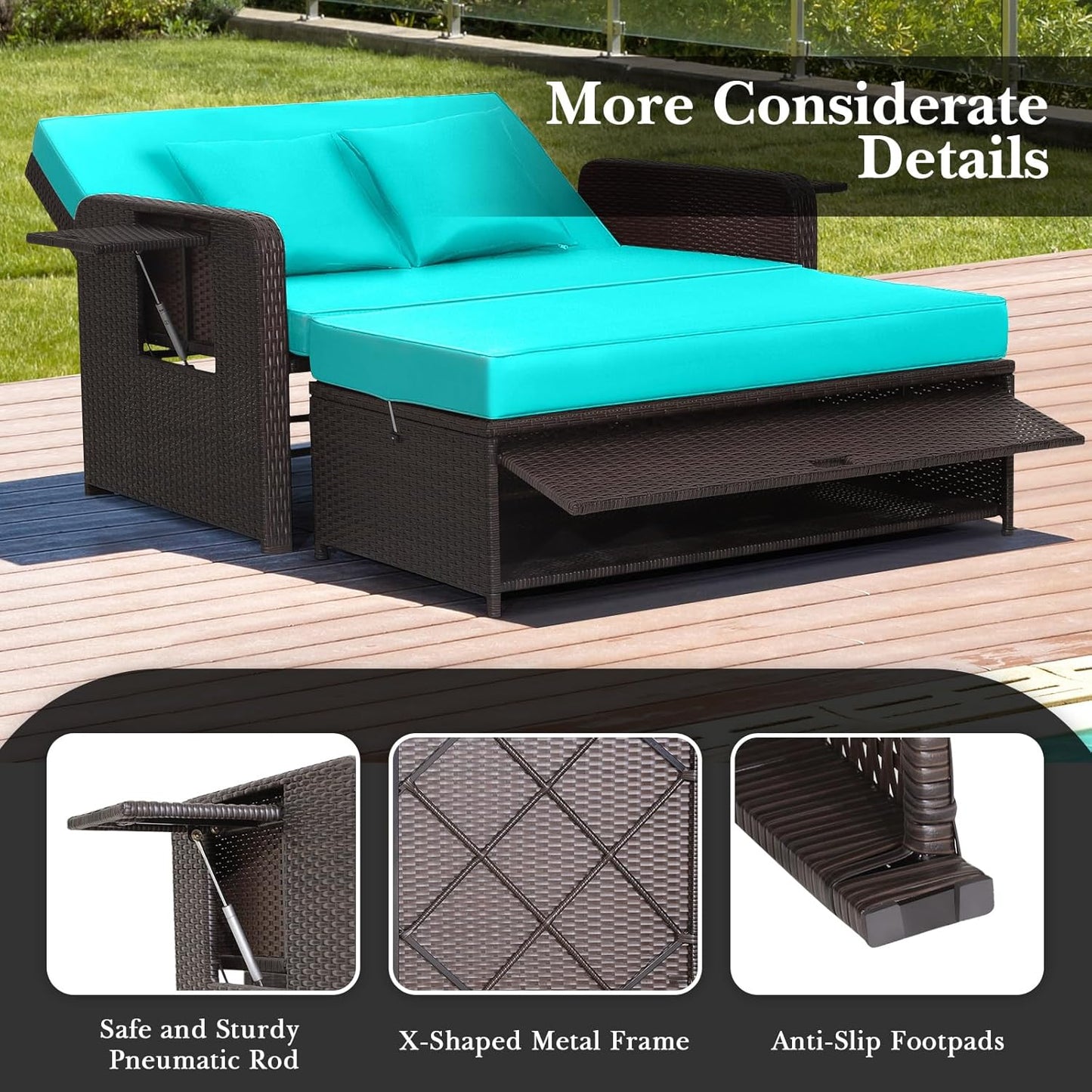 Tangkula Patio Rattan Daybed Set, Wicker Loveseat Sofa w/Multipurpose Ottoman & Retractable Side Tray, 4-Level Adjustable Backrest, Footstool w/Storage, Soft Cushion Included (Turquoise)