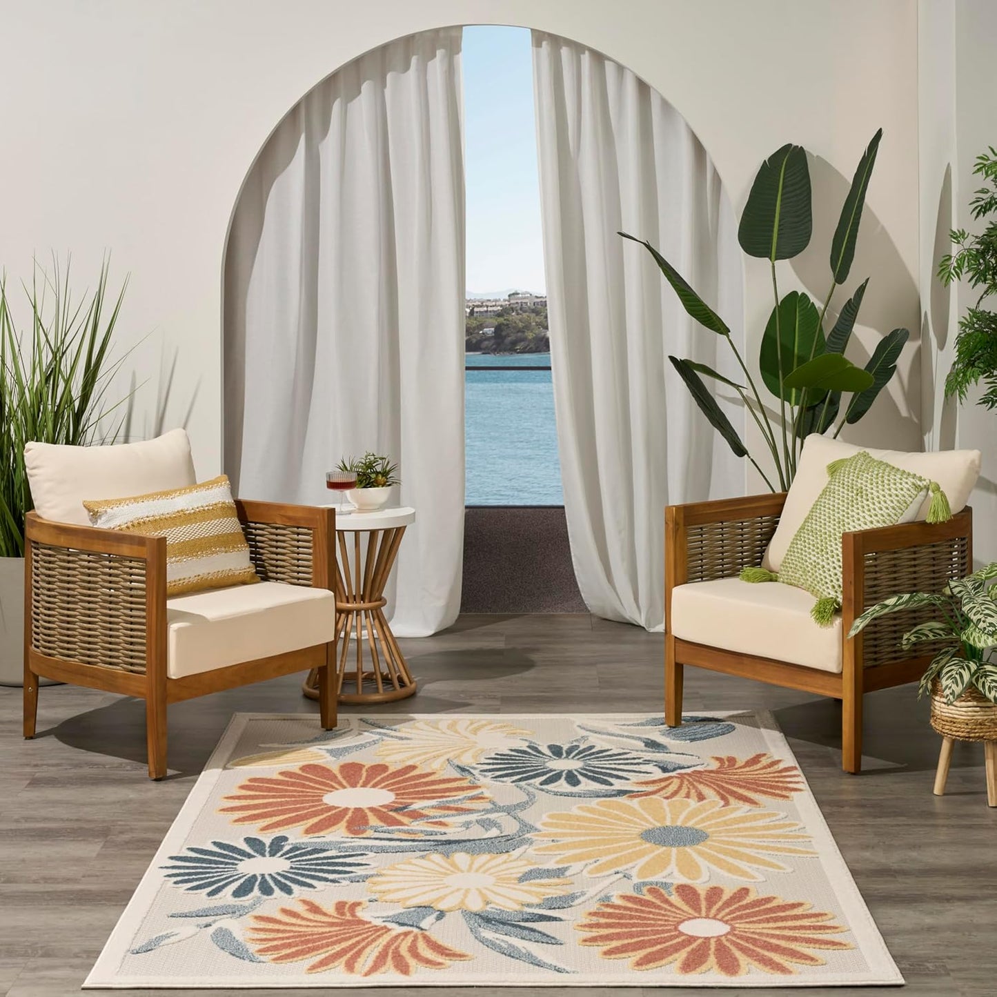 Nourison Aloha Ivory Rose 5'3" x 7'5" Area Rug - Easy Clean, Non Shedding, Bed Room, Living Room, Dining Room, Kitchen (5' x 8')