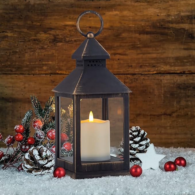 Vintage Golden Brushed Black Lantern Decorative LED Flickering Flameless Candle with Timer, Battery Powered LED Decorative Hanging Lanterns for Indoor Outdoor Garden Yard Home Decor(4 Pack)