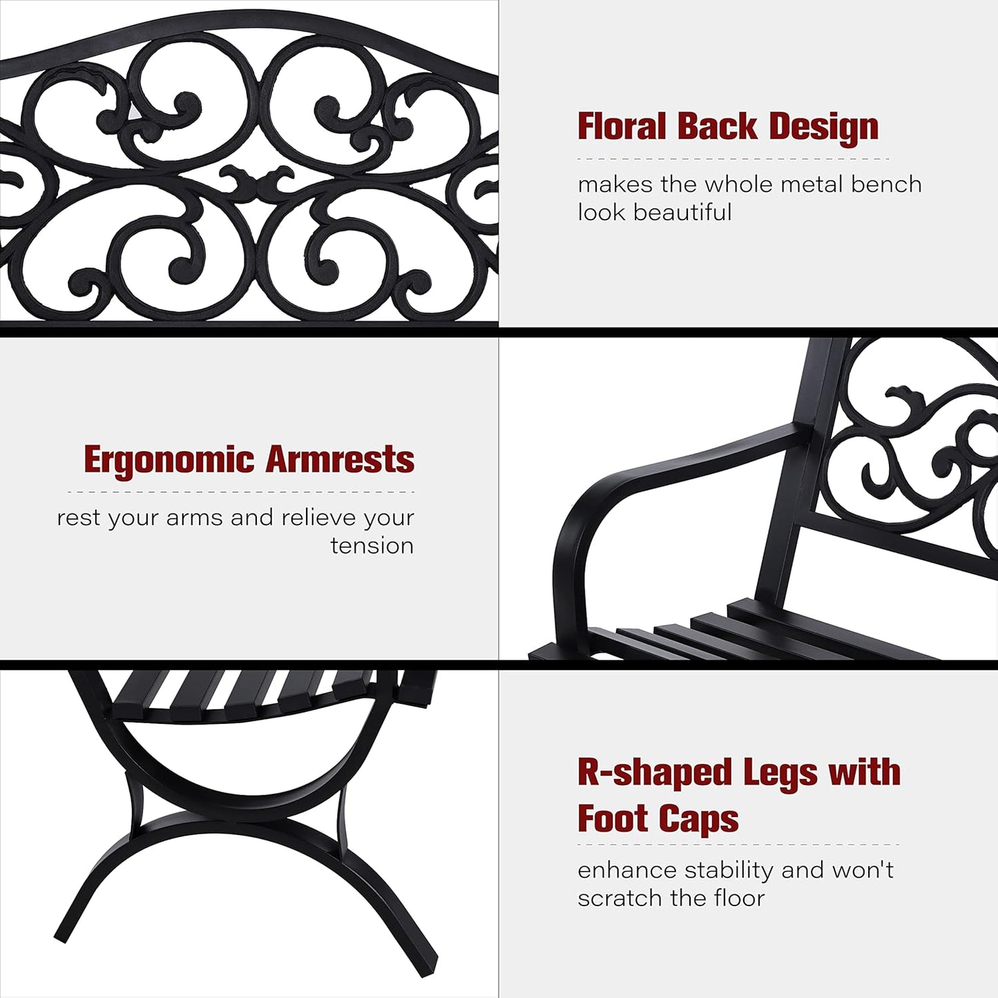 Sophia & William 50" Outdoor Garden Bench Patio Park Bench, Cast Iron Metal Frame Furniture with Floral Design Backrest for Porch Yard Lawn Deck, Black