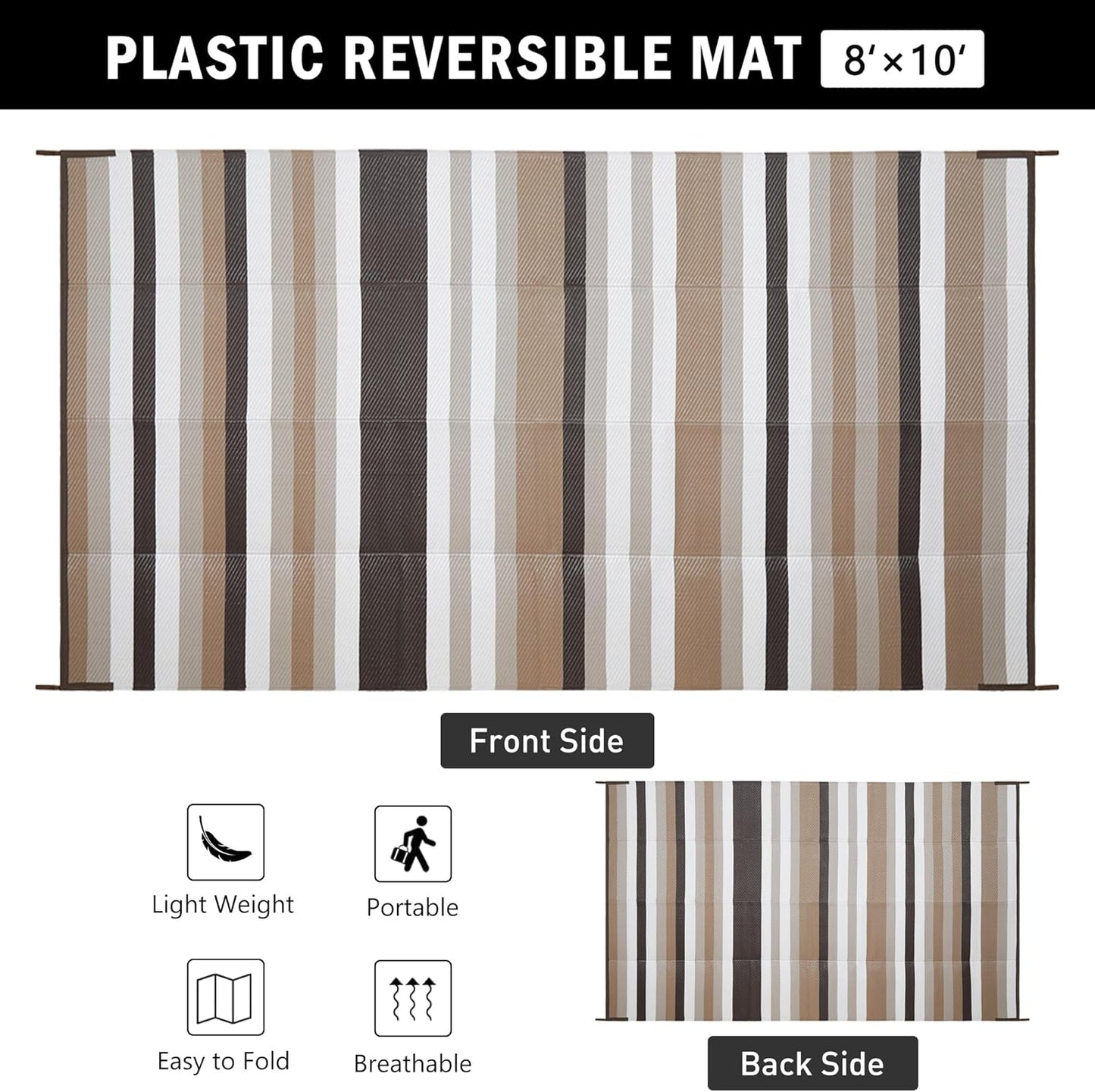 Outdoor Waterproof Rug 8'x10' Plastic Straw Rugs Washable Reversible Floor Mat Brown Stripe Carpet for Camping RV Deck Entryance Porch Picnic Balcony Beach Backyard